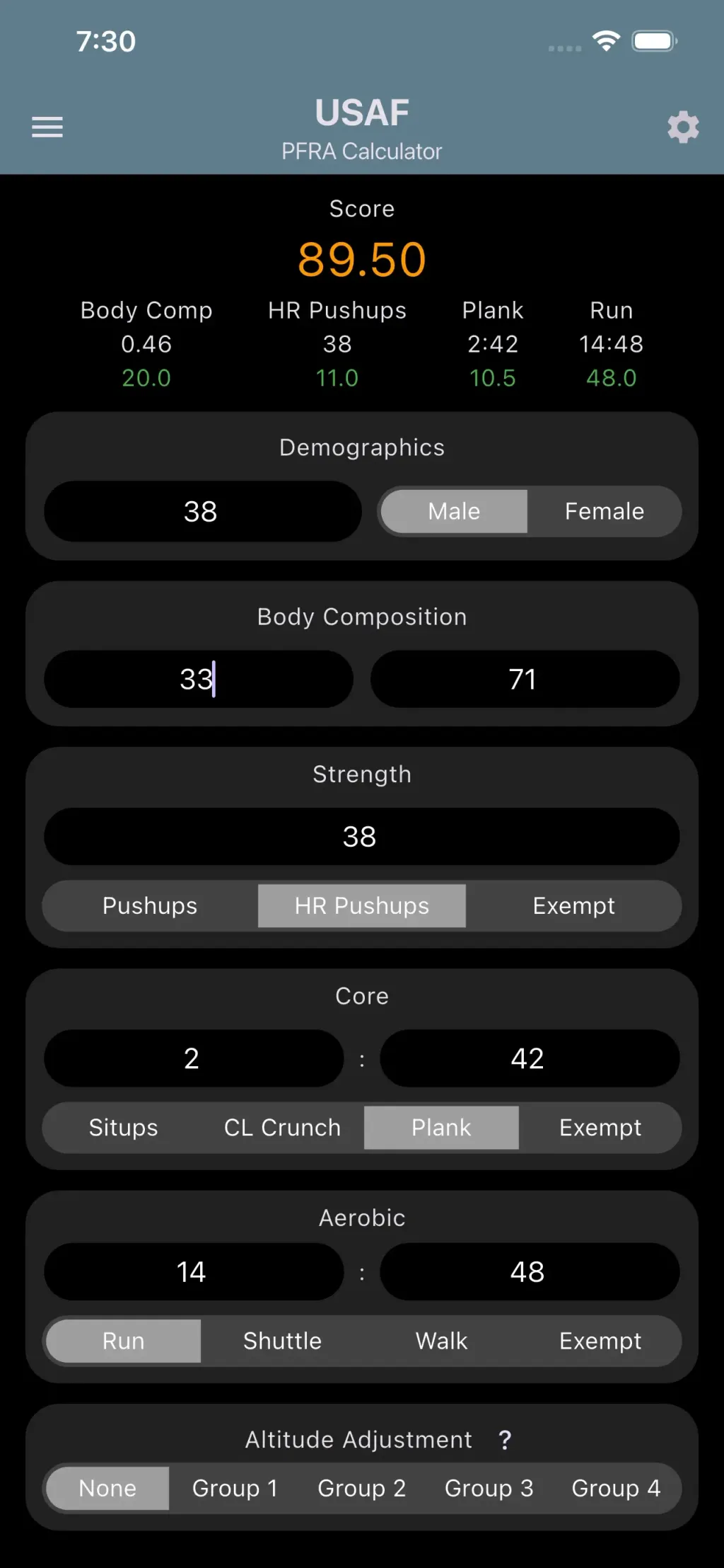 USAF PFA & USSF HPA Calculator App Store screenshot 1