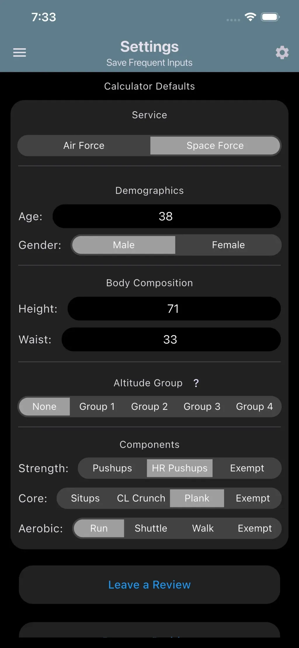 USAF PFA & USSF HPA Calculator App Store screenshot 6